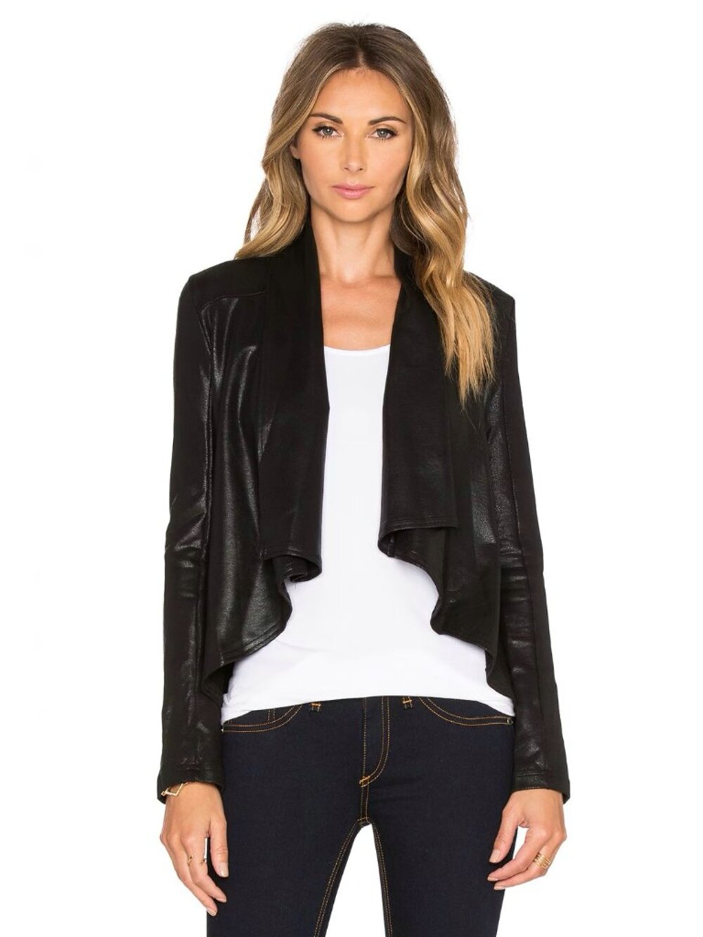 KRISA Black Coated Terry Faux Leather Open Drape Front Moto Jacket, Size S